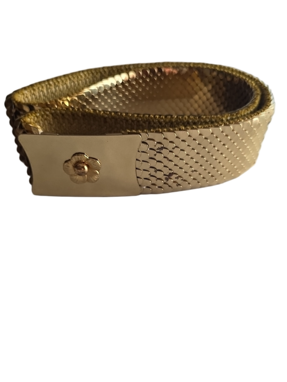 Vintage 80s Gold Fish Scale Stretch Belt Metallic Disco Glam Flower Buckle